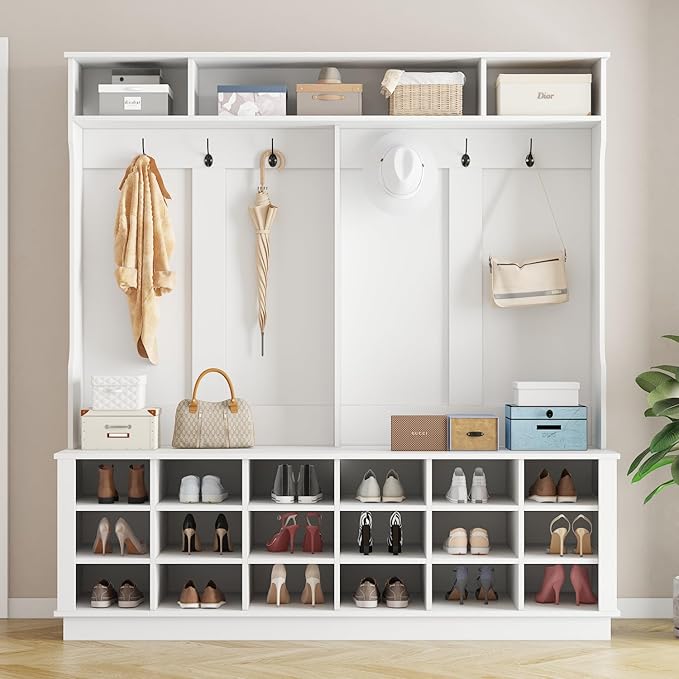 WOODTIME Extra Large Hall Tree with Bench and Shoe Storage, Multi-Purpose Entryway Bench with Coat Rack, Adjustable Shelves, 6 Double Hooks and 21 Open Compartments, White