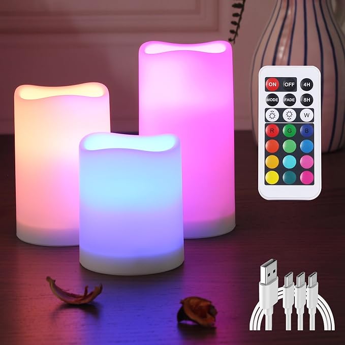 Remote Control Rechargeable Flameless LED Candle Light, Outdoor/Indoor Color Changing Plastic Candle, 3 Pack…