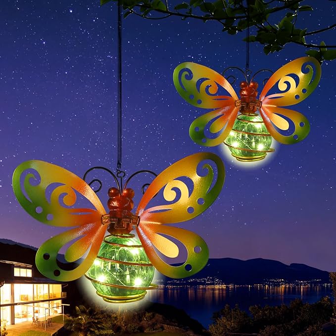 Butterfly Garden Decor with Bouncy Springs Fairy Lights Birthday Gifts for Women Mom Grandma,Hanging Solar Lights Outdoor Waterproof Metal Solar Decoration Outside for Yard, Patio, Backyard, Porch