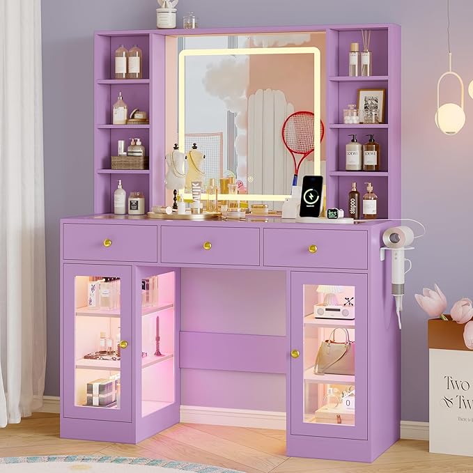 Makeup Vanity Desk with Mirror and Lights, 43" Purple Vanity with Glass Top, Jewelry Storage, 3 Drawers & Glass Cabinets, Power Outlet & Adjustable LED Lights, Dressing Table for Women & Girls Bedroom