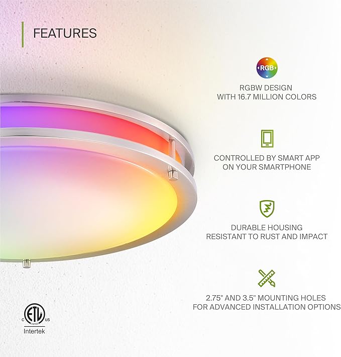 ASD LED 18" Round Flush Mount Lighting, Close to Ceiling Light Fixture | Smart, Multicolor, Dimmable, ETL Listed | 28W 1844LM RGB-2700-6500K 120V | Low Profile Double Ring Lamp | Nickel