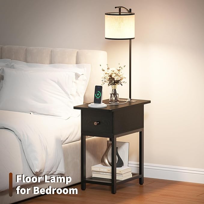 Floor Lamp with Table, Side Table with LED Light and Charging Station, Narrow End Table with Lamp Attached, Nightstand with Storage Drawer for Living Room, Bedroom, Black