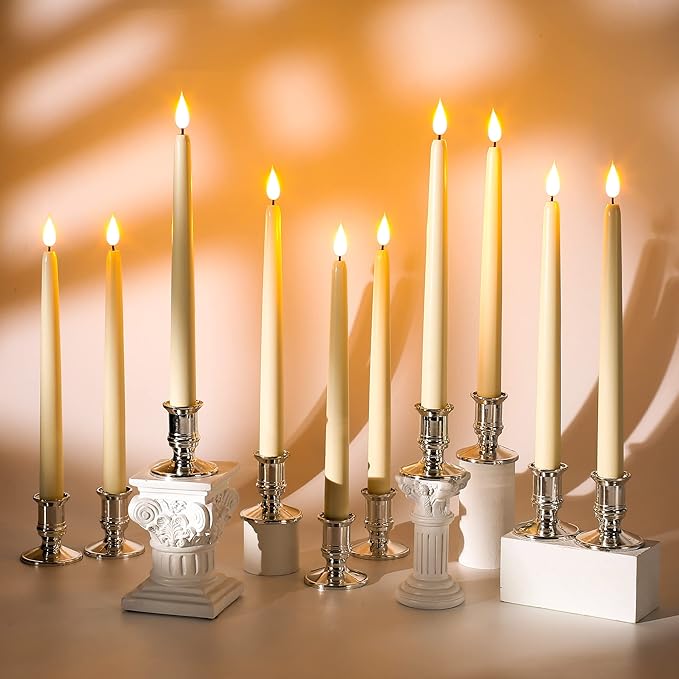 Fireless Window Candle, Cone Battery Powered LED Timed Warm 3D Wick Candle Plastic with Base, 12 Piece Set with 10 Key Remote, Home Wedding Decor (0.78x9.84 inches)