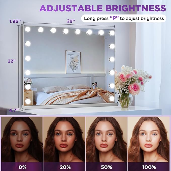 Vanity Mirror with Lights, 28” x 22” Large Hollywood Vanity Mirror, 3Color Models Touch Screen Control, 18 Bulbs LED Lights Mirror & 10X Magnifying Mirror, Tabletop or Wall-Mounted