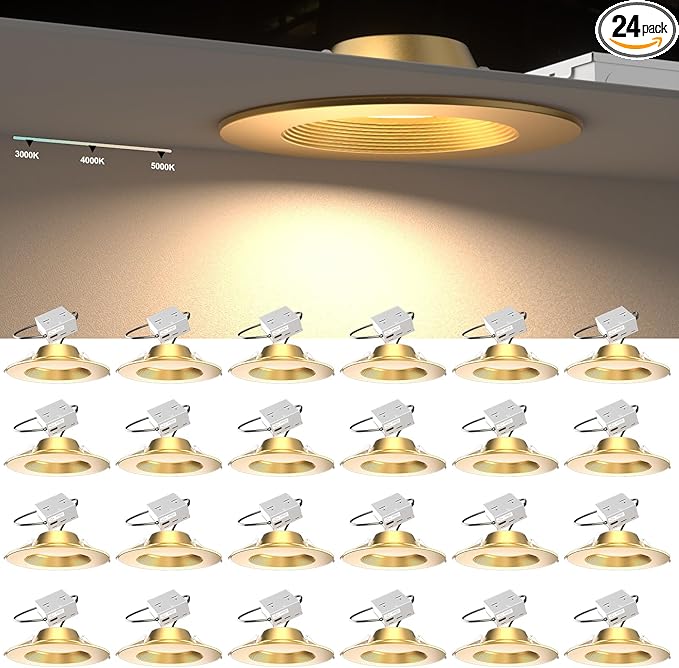 Lightdot 6 Inch Recessed Lighting 24 Pack Gold, 12W Dimmable LED Downlight 3CCT Selectable (3000K/4000K/5000K), Anti-Glare Slim Canless Ceiling Light