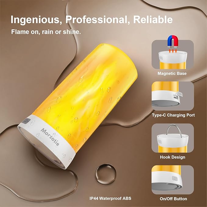 Morsatie【Upgraded LED Flame Light, Rechargeable Flickering Flameless Candles, 4 Modes Battery Operated Candles with Upside Down Effect, Waterproof LED Candles for Indoor Outdoor 2 PCS