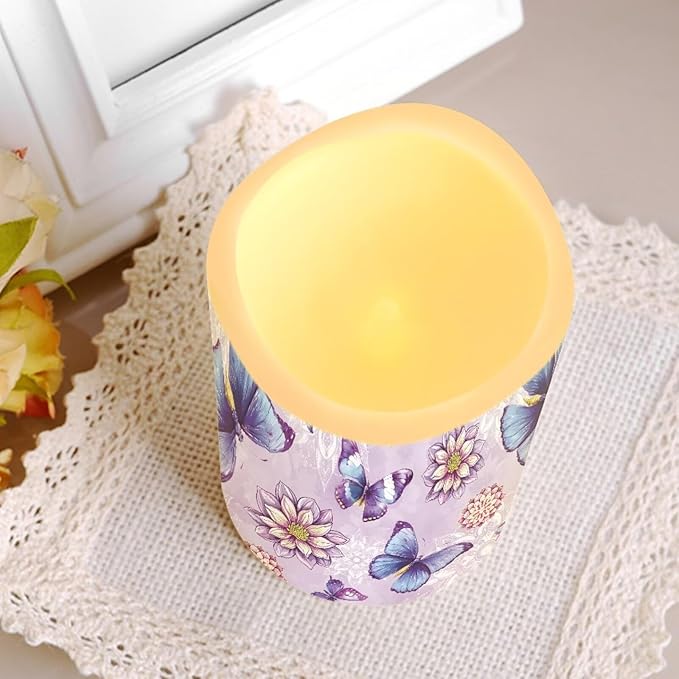Purple Butterfly Floral Plastic Flameless Candles with Remote Control and Timer LED Flickering Battery Electric Pillar Candles for Table Home Decoration