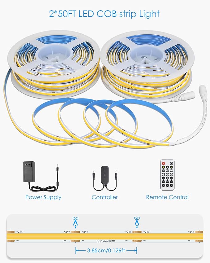 Dimmable COB Led Strip Lights for Bedroom with Dam-Process 24V 6500K 100FT 480LED/M Super Bright White Bluetooth Flexible COB LED Tape Lights with Remote Cold White for Cabinet Home Lighting 30M/2roll