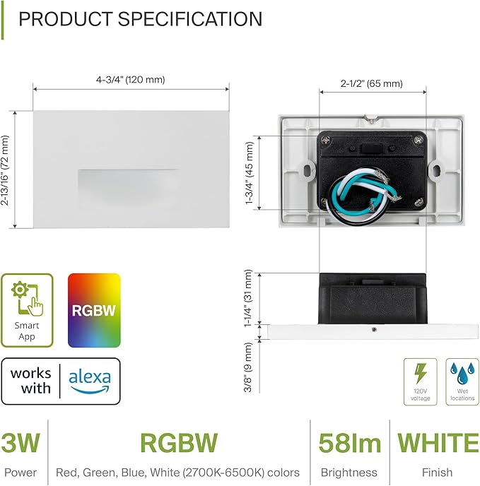 ASD LED Recessed Step Light Fixture, Outdoor & Indoor Tread Lighting | RGBW, Smart, Waterproof, ETL Listed | 3W 60LM RGB-2700K-6500K 120V | Staircase Hardwired Illumination | White, 24 Pack