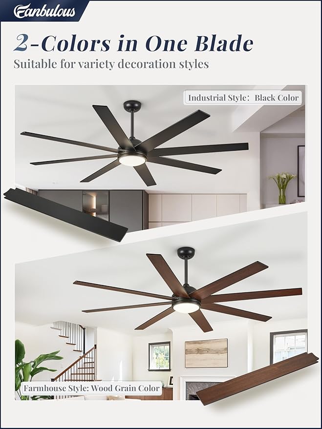Fanbulous 65 Inch Ceiling Fans with Lights and Remote, Black and Wood Grain Indoor/Outdoor Ceiling Fan with Quiet Reversible DC Motor, 3CCT, 6 Speeds, Large Ceiling Fan for Living Room Bedroom