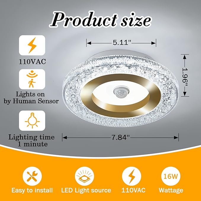 UOFUS Motion Sensor LED Ceiling Light Indoor Wired 7.84inch Gold Flush Mount Light Fixture 6400K Motion Activated Light for Closet Hallway Laundry Stairs Shower Porch Garage Basement