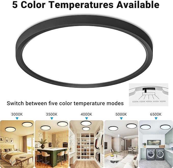 8 Pack LED Flush Mount Ceiling Light,9Inch 18W,3000K/3500K/4000K/5000K/6500K 5 Color Temperatures Ceiling Light Fixture for Kitchen Porch Hallway Bedroom Bathroom and Closet,Black