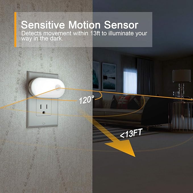 Lyridz 120LM Ultra Bright Plug-in Motion Sensor Night Light, Stepless Dimmable LED Nightlight, Always-On and Auto-Off, for Hallway, Stairs, Bathroom, Bedroom, Garage, Cool White (2-Pack)