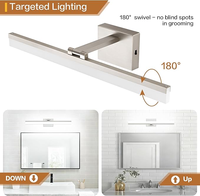 SOLFART Vanity Lights for Bathroom: 24 Inch Bathroom Lighting Fixtures Over Mirror- Brushed Nickel 6000K LED Hardwired Adjustable 180 Degree Light Bar IP44 ETL
