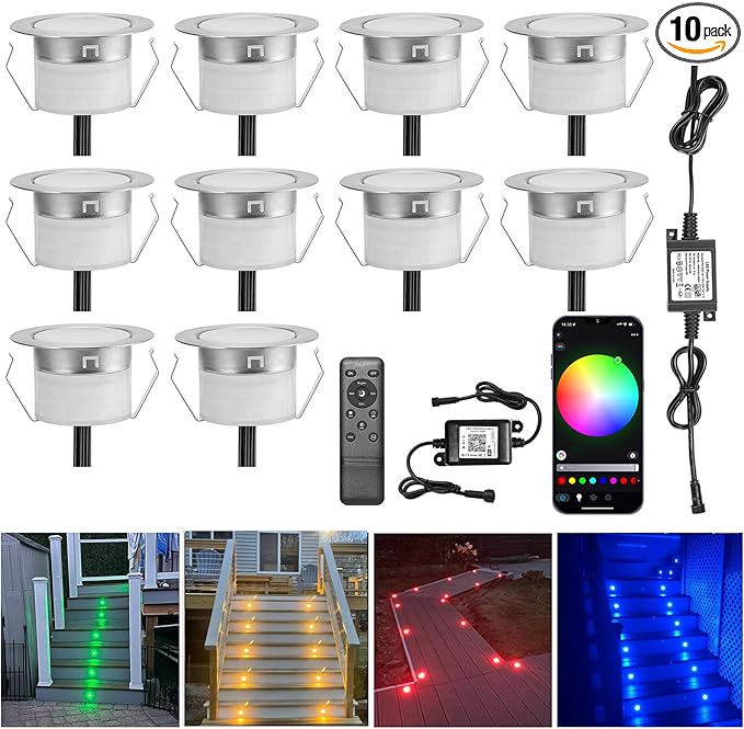 Sumaote LED Recessed Deck Light Kits-10 Pack φ31mm WiFi Bluetooth Smart Control Low Voltage RGBW Deck Lights Outdoor IP67 Waterproof for Steps, Floors, Yard, Path Decor