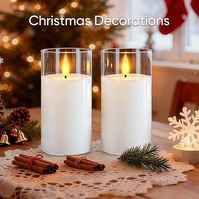 5plots Clear Glass Flameless Candles with Remote Timer, Set of 2, White LED Real Wax Glass Pillar Candles Warm Flickering Light for Indoor Home & Wedding Decor D3 x H6 6"