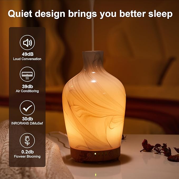 Classical Vase Art Glass Aromatherapy Diffuser 160ml ultrasonic Cool Mist Scent Aroma Essential Oil Diffu er Humidifier with Intermittent Mist & LED 7 Colorful Changing Night Light for Bedroom