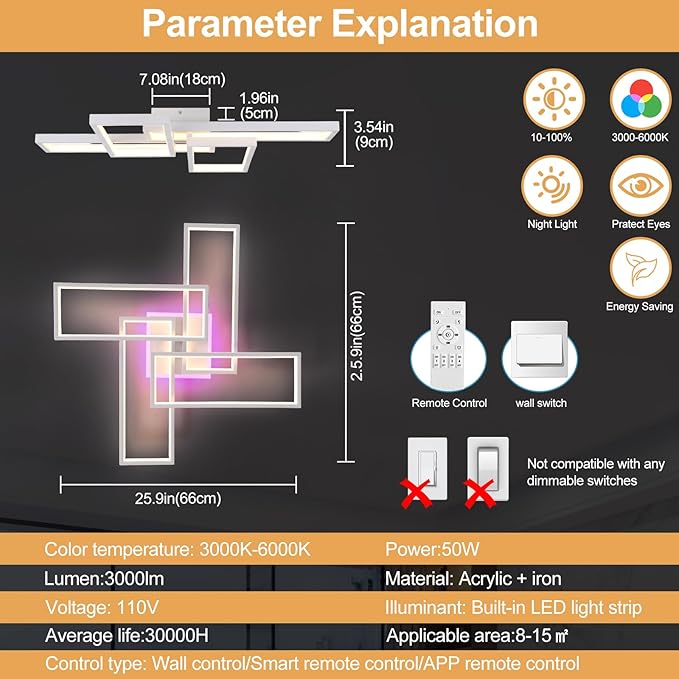 Modern LED Ceiling Lights for Bedroom,50W Led Flush Mount Ceiling Lamp,Dimmable Square Ceiling Light Fixture with Remote Control for Living Room,Kitchen,Balcony,White,3000-6000K