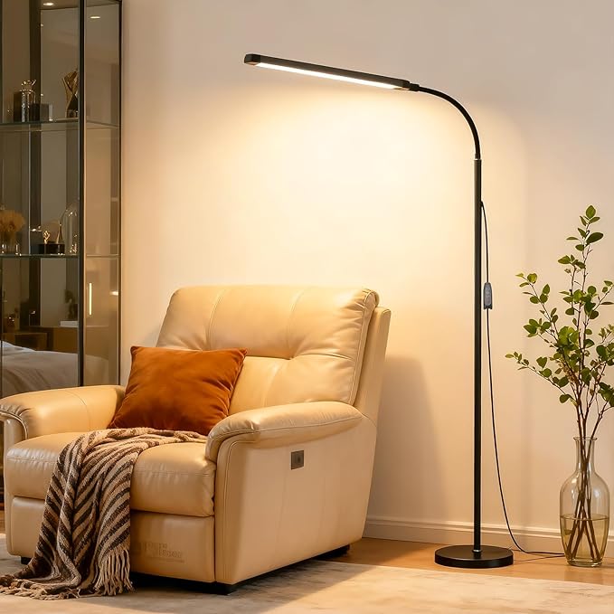 Bright 12W LED Flicker-Free Eye Protection Dimming Floor Lamp,3000-6000k,Gooseneck adjustable Standing Reading Lamp for Living Room Bedroom Bedside Office Classroom Task Craft, Black Modern Light