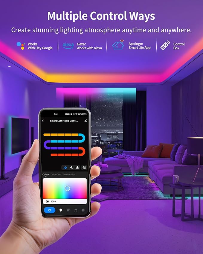 RGB+IC LED Strip Lights, Smart Bluetooth LED Light for Bedroom, Color Changing LED Strips with 44 Scene Modes, Segmented Control, for Room, Party, Festival, Gathering (105ft)