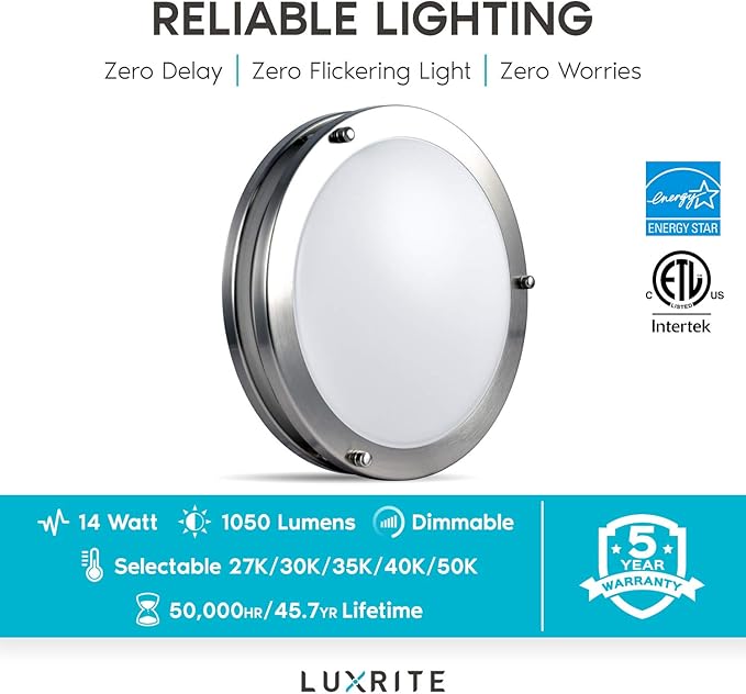 LUXRITE 10 Inch LED Flush Mount Ceiling Light, CCT Color Temperature Selectable 2700K | 3000K | 3500K | 4000K | 5000K, Dimmable Ceiling Light Fixture, 14W, 1050 Lumens, Energy Star, ETL Listed