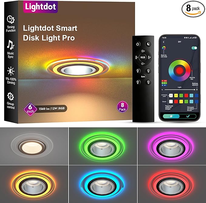 Lightdot 6 Inch Smart Recessed Lighting, 36° Spotlight + RGB Halo Ring, Dual-Zone Control, Full Metal RGBWW Color Changing LED Canless Downlight with Junction Box, Remote&App, 100-277V, 8Pack-ETL