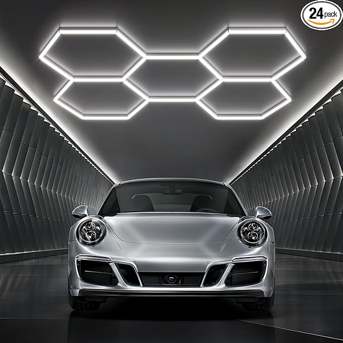 Hexagon Garage Lights 192W 23040LM Super Bright，6500K Daylight White LED - Honeycomb Garage Ceiling Lighting Fixture for Basement, Gym, Workshop, Salon & Commercial Spaces 5 Hex