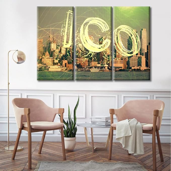 City Veiw Background Crypto Currency Theme Pictures Wall Decor Posters and Prints 3 Panels Concept of Blockchain and Bitcoin Wall Decor for Bedroom Stretched and Framed Ready to Hang (42"Wx28"H)