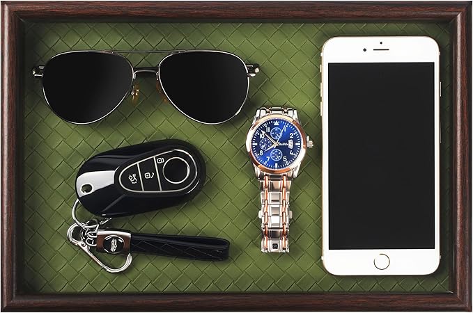Zosenley Wooden Valet Tray with Leather Base - Nightstand Catchall Organizer for Cologne, Perfume, Keys, Wallet, Phone, Watch, Jewelry & Sunglasses (Green)