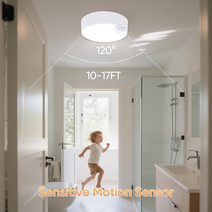 Battery Motion Sensor Ceiling Light: Indoor LED Wireless Ceiling Lights with Remote - Cordless Motion Activated Wall Lamp with Timer for Closet Hallway Bedroom (Battery Powered)