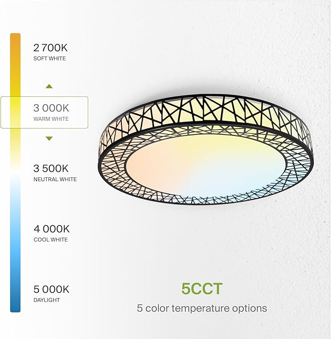 ASD 18 Inch LED Flush Mount Ceiling Light Fixture for Bedroom, 35W 1992LM 5CCT 2700K-5000K, Triac Dimmable Lights, Dining, Living Room, Kitchen Lamps, Modern Home Lighting Fixtures, Black, ETL