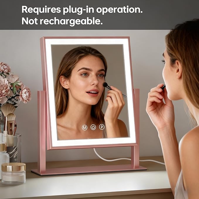 LED Lighted Vanity Mirror 11.81"x13.38" - Sensitive Smart Touch, 3 Dimmable Modes, 360° Smooth Rotation Desk Makeup Mirror Pink