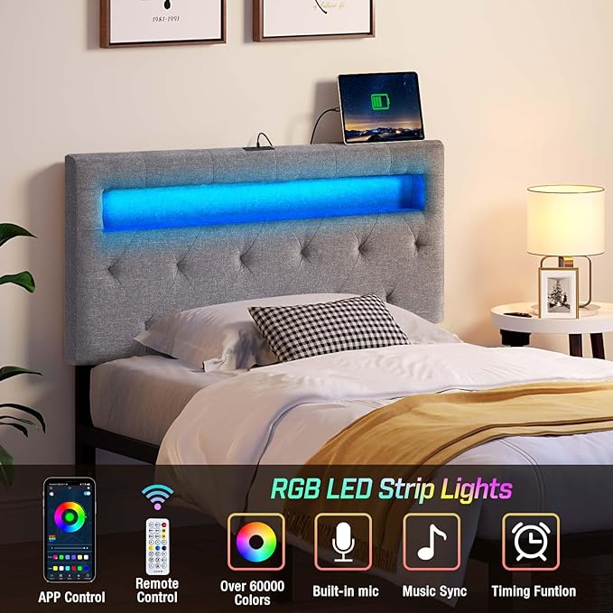 GREENSTELL Headboard for Twin Size Bed with 60,000 DIY Color of LED Light, USB & Type C Post, Attach Frame, Height Adjustable, Gray Wall Mounted Head Boards Only, Sturdy & Stable, Comfortable, Twin