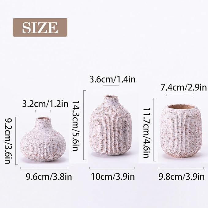 Modern Ceramic Vases Set 3, Stone Style Ribbed Vases Decorative for Table Shelf Decor Bookshelf Decoration