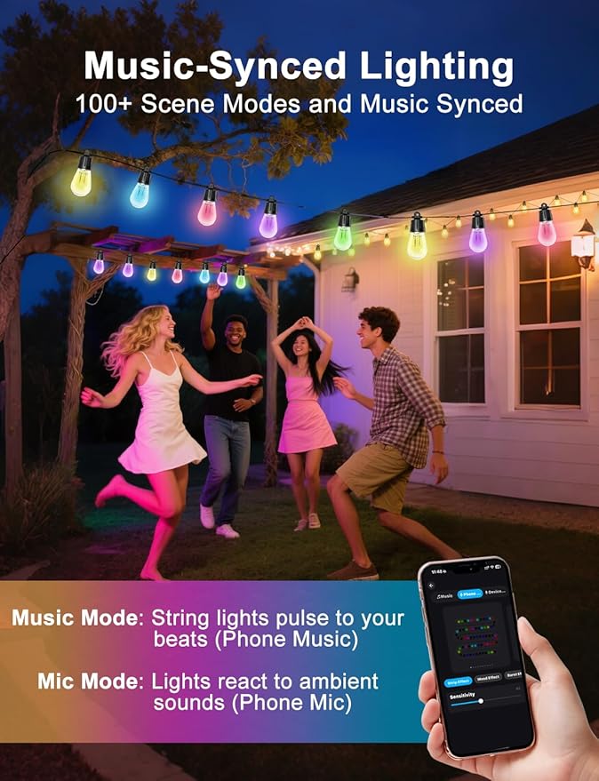 100ft String Lights for Outside, Smart RGB IC Warm White Patio Lights Outdoor Waterproof with Remote & App Control, Compatible with Alexa Great for Porch, Yard, Pergola