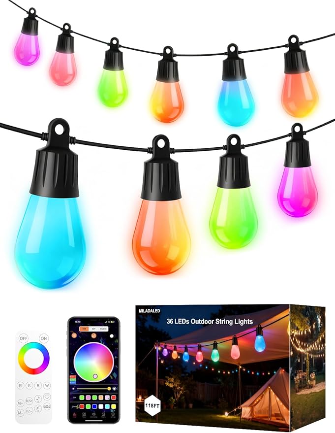 Outdoor String Lights 118FT（59FT*2 RGB +IC Color Changing Smart Patio Lights with Timer Remote &APP Control,IP65 Waterproof Shatterproof LED Lights for Backyard Balcony Garden Party Decor