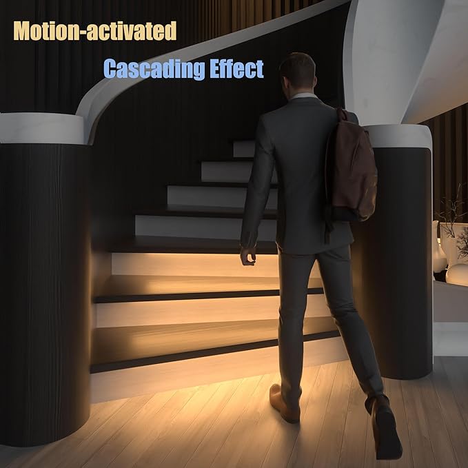 Motion-Activated Cascading Effect LED Stair Lighting Kit KMG-3233, 23.6" Aluminum Light Bar for Indoor Staircases (Warm White 3000K, 14 Stairs)