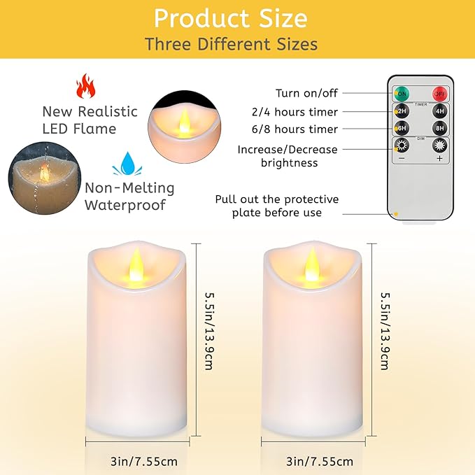 Flameless Candles 3" D x 6" H Outdoor Indoor Pillars Battery Operated Flickering Candles Include 8-Key Remote Timer 400+ Hours by 2 AA Batteries (White Candle - Warm Light,2 Pack)