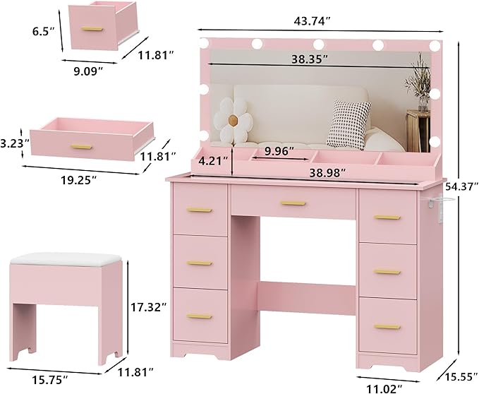 44" Vanity Desk with 38" Large Mirror and 9 LED Lights & Glass Top and Power Outlet, Makeup Vanity Set with 7 Drawers & Chair and RGB Ambient Light, Dressing Table for Bedroom, Modern Pink
