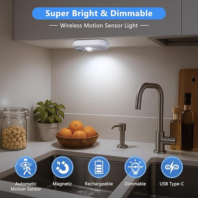 inShareplus LED Motion Sensor Puck Lights, Under Cabinet Lighting Indoor, USB Rechargeable Magnetic Night Light, 6500K Warm White Wireless Dimmable LED Lighting for Closet, Stairs, Kitchen (6 Pack)