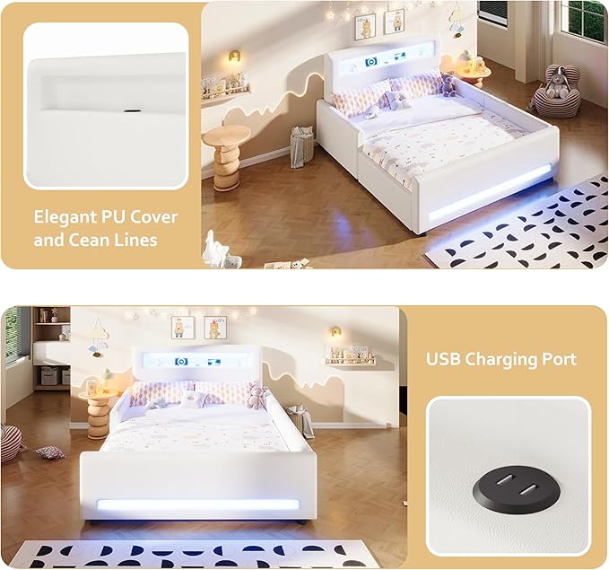 MERITLINE Full Size Upholstered Platform Bed with Drawer, App-Controlled RGB LED Light Strip & USB Port, PU Fabric Storage Bed (White) | LED light, Storage Drawer