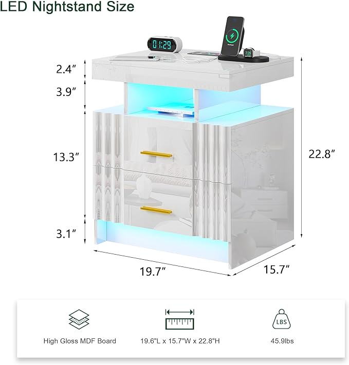 Nightstand with Wireless Charging Station,Set of 2 Bedroom Bedside Table with RGB Lights, Smart Night Stand with 2 Drawers, Bedside Tables Modern Bedside Table for Bedroom, Living Room(White)