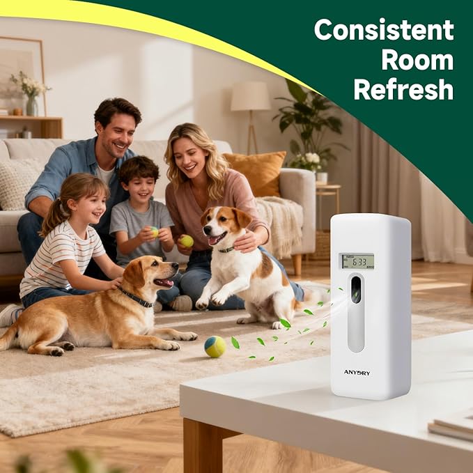 Automatic LCD Air Freshener Dispenser Wall Mount or Free Standing, Programmable Spray for Bathroom Home Office Hotel Commercial Use, Compatible with Glade Refills, White