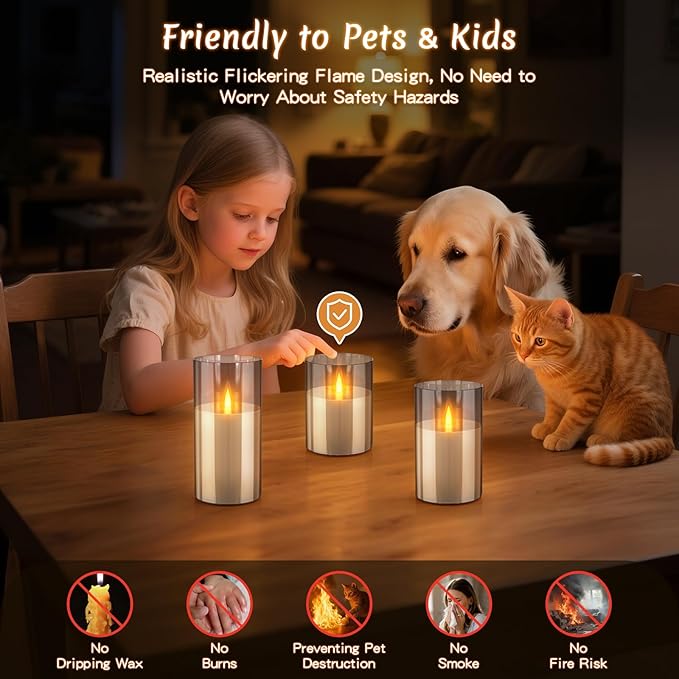 3PC Radar Motion Sensor Rechargeable Led Candles, Flameless Flickering Candle with Remote & Timer, Real Wax in Glass with Flickering Warm Light for Festival, Bedroom, christmas and party Decor-Gray