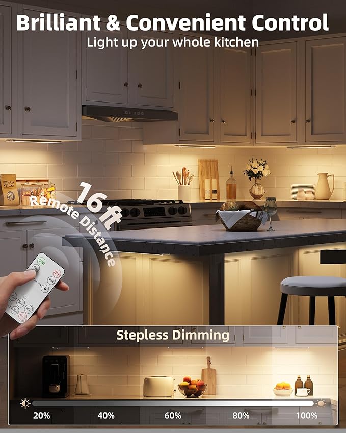 EZVALO 3-Pack Under Cabinet Lighting, 2400mAh Motion Sensor Light, LED Closet Lights Wireless, 3000K Dimmable, Timer, Magnetic, with Remote Control for Kitchen, Closet, Stair