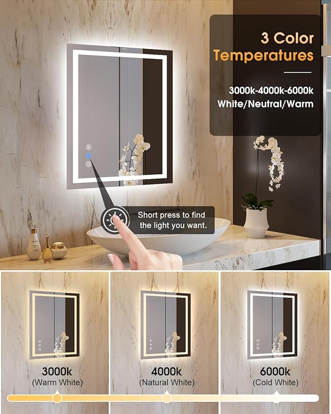 oneup 24x32'' LED Bathroom Mirror,Lighted Bathroom Mirror with Lights,Dimmable 3 Colors Temperature,Anti-Fog,Modern Vanity Mirrors for Wall,Touch Screen,Memory, Shatterproof