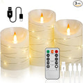 Ivory White Rechargeable Flameless LED Candles 3Pcs (4/5/6") Real Wax with String Lights, Remote & Timer, Safe Realistic 3D Flame for Spring Decor, Easter, Home & Bedroom