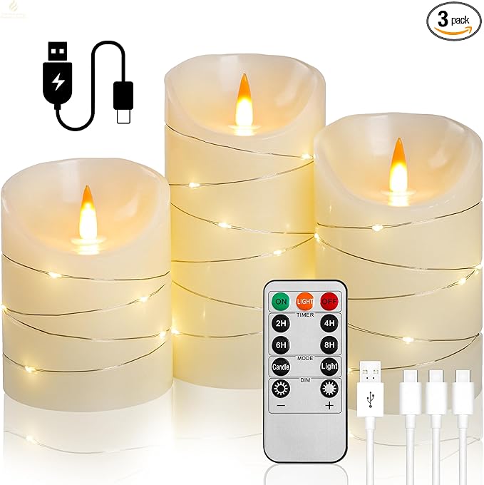 Ivory White Rechargeable Flameless LED Candles 3Pcs (4/5/6") Real Wax with String Lights, Remote & Timer, Safe Realistic 3D Flame for Spring Decor, Easter, Home & Bedroom