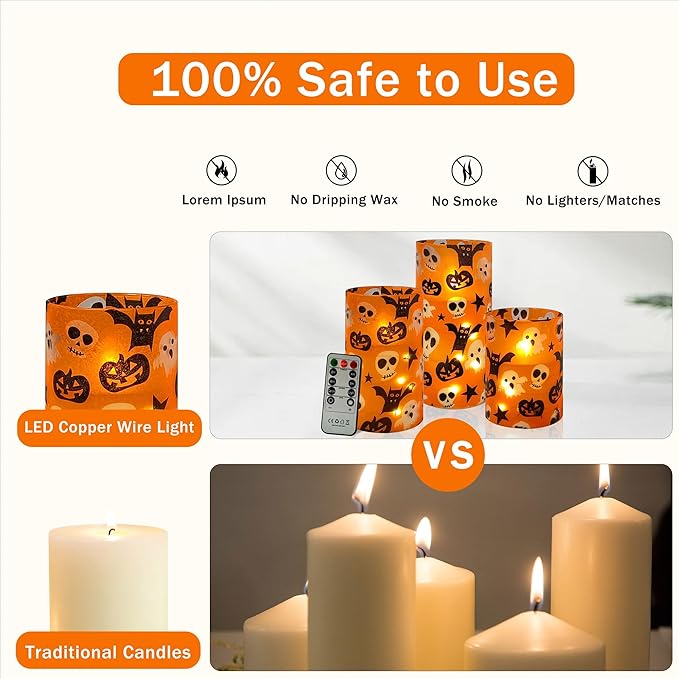 Halloween Flameless Candles with String Lights - Set of 3 Ghost Battery Operated Candle Flickering Floral LED Pillar Candles with Timer Remote for Home Decor Romantic Ambiance