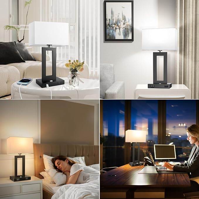 Set of 2 Table Lamps for Bedrooms, 3-Color Temperatures Touch Control Bedside Lamps with 2 USB Ports&AC Outlet, Stepless Dimmable Living Room Lamps for Nightstand, Bulbs Included, White&Black
